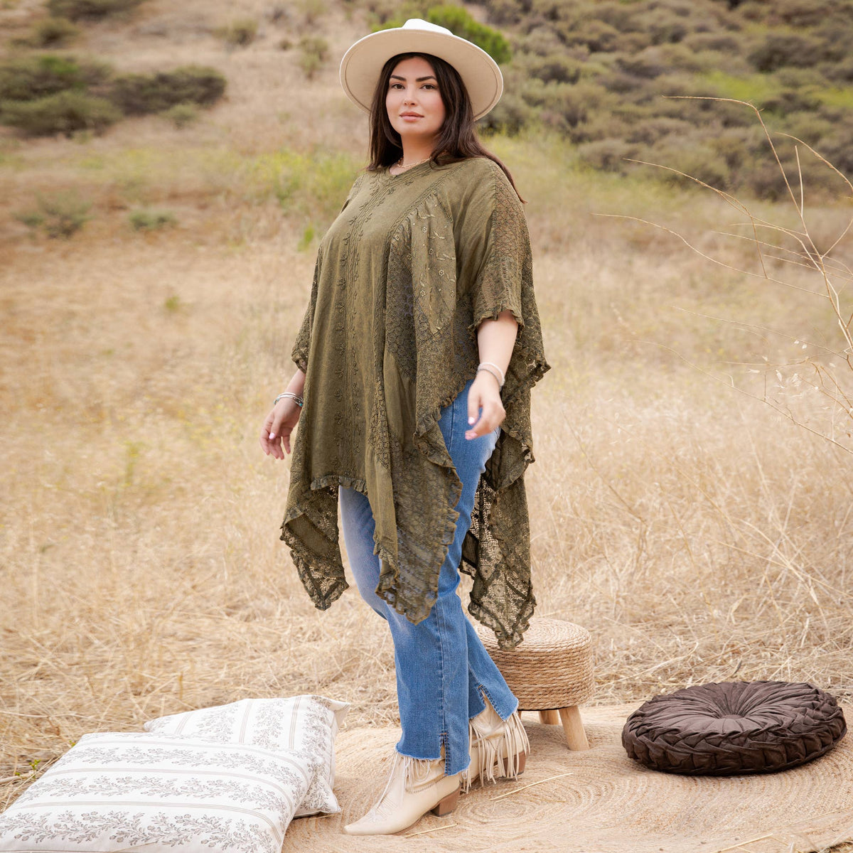 Boho Lace Embroidered V-Neck Asymmetrical Kaftan Top
