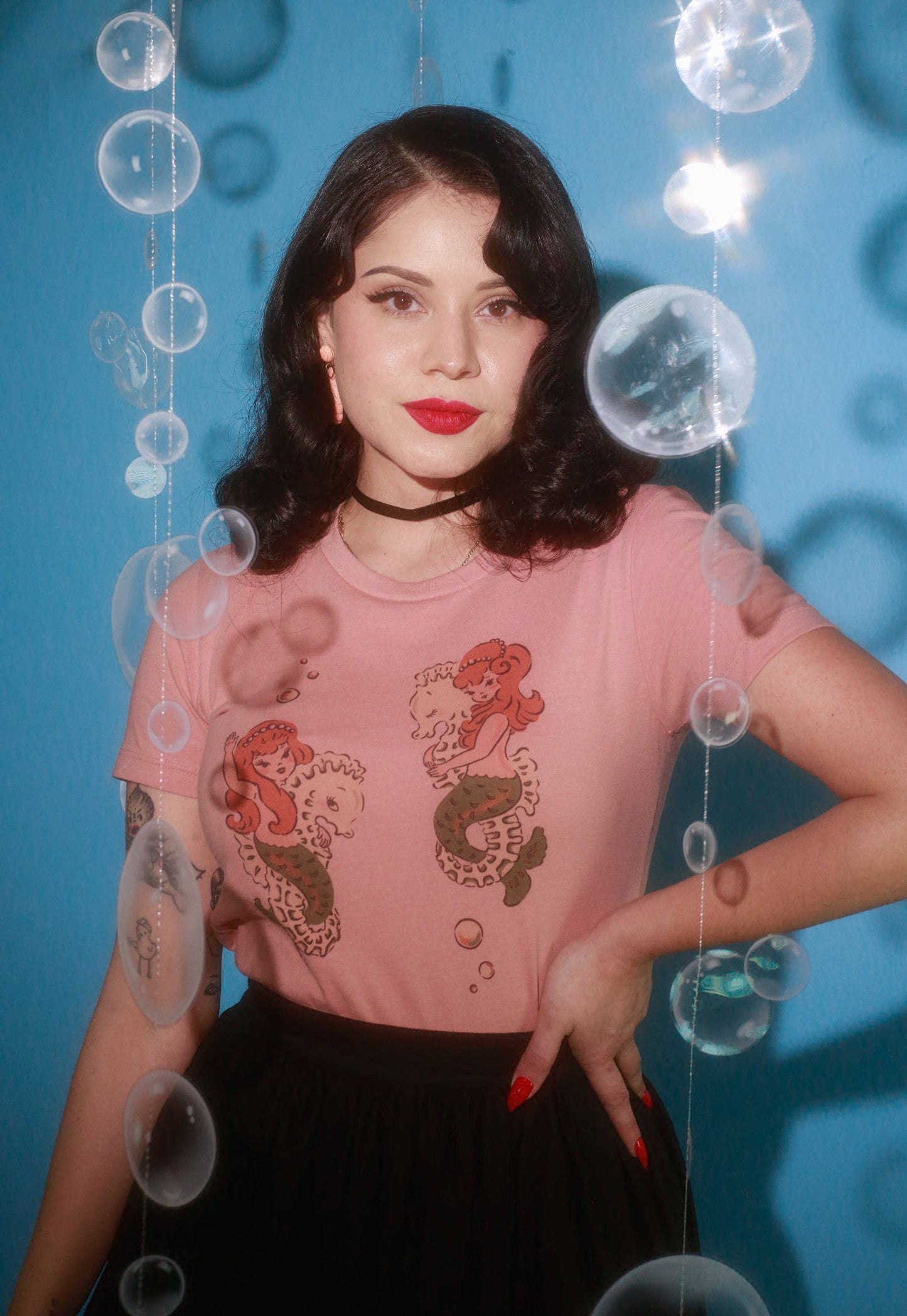 Mermaid Sisters Fitted Tee in Dusty Pink