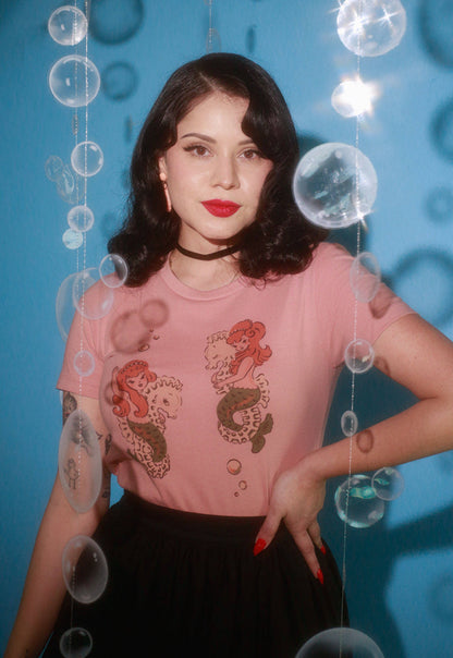 Mermaid Sisters Fitted Tee in Dusty Pink