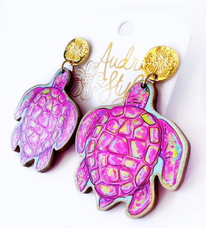 Pink Sea Turtle Dangle Earring Coastal Resort Nautical