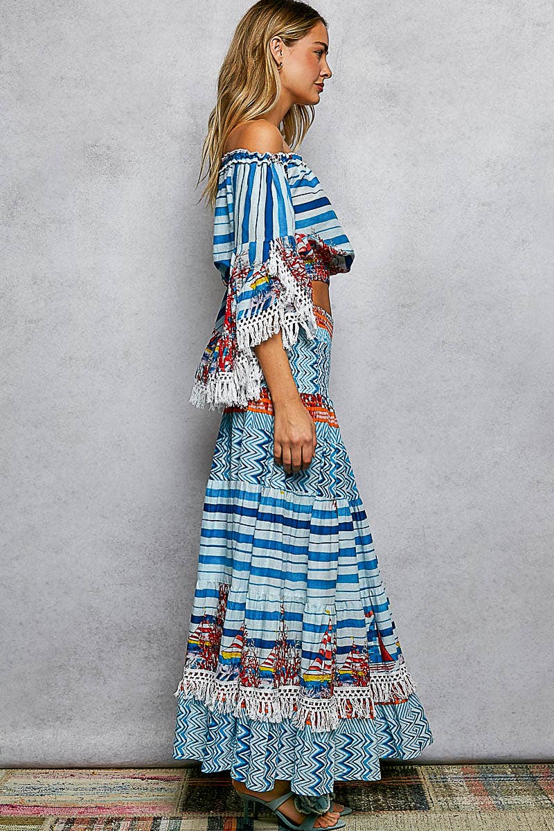 Off-Shoulder Fringe Sleeve Smocked Top and Skirt Set