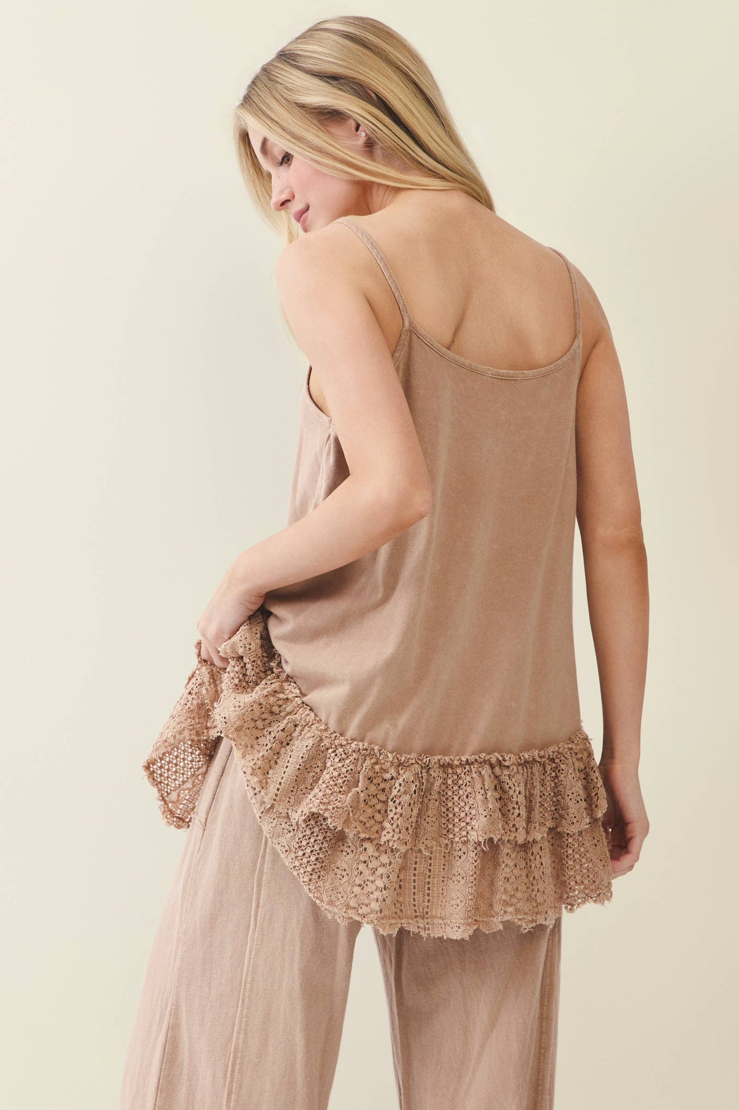 Mineral Washed Tiered Lace Cami Tank top Layering top