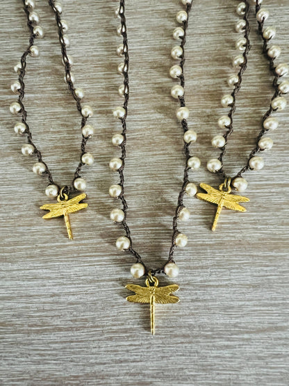 Golden Dragonfly, Glass Pearl Handmade Crocheted Necklace