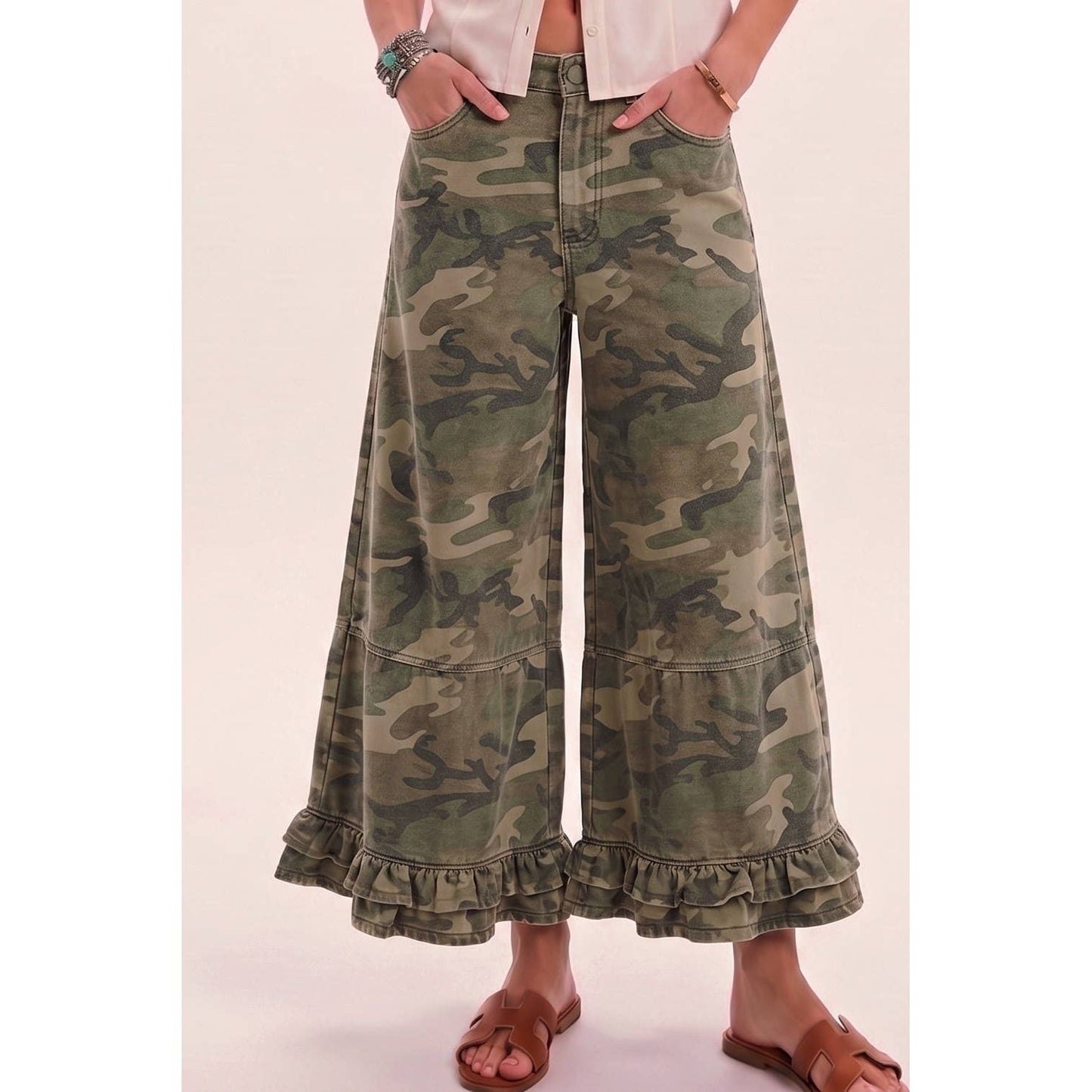Ruffle Washed Camo Wide Leg Denim
