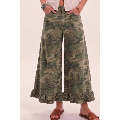 Ruffle Washed Camo Wide Leg Denim