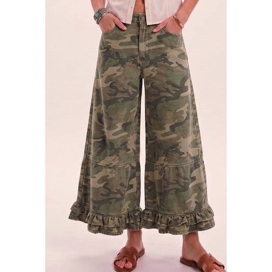 Ruffle Washed Camo Wide Leg Denim