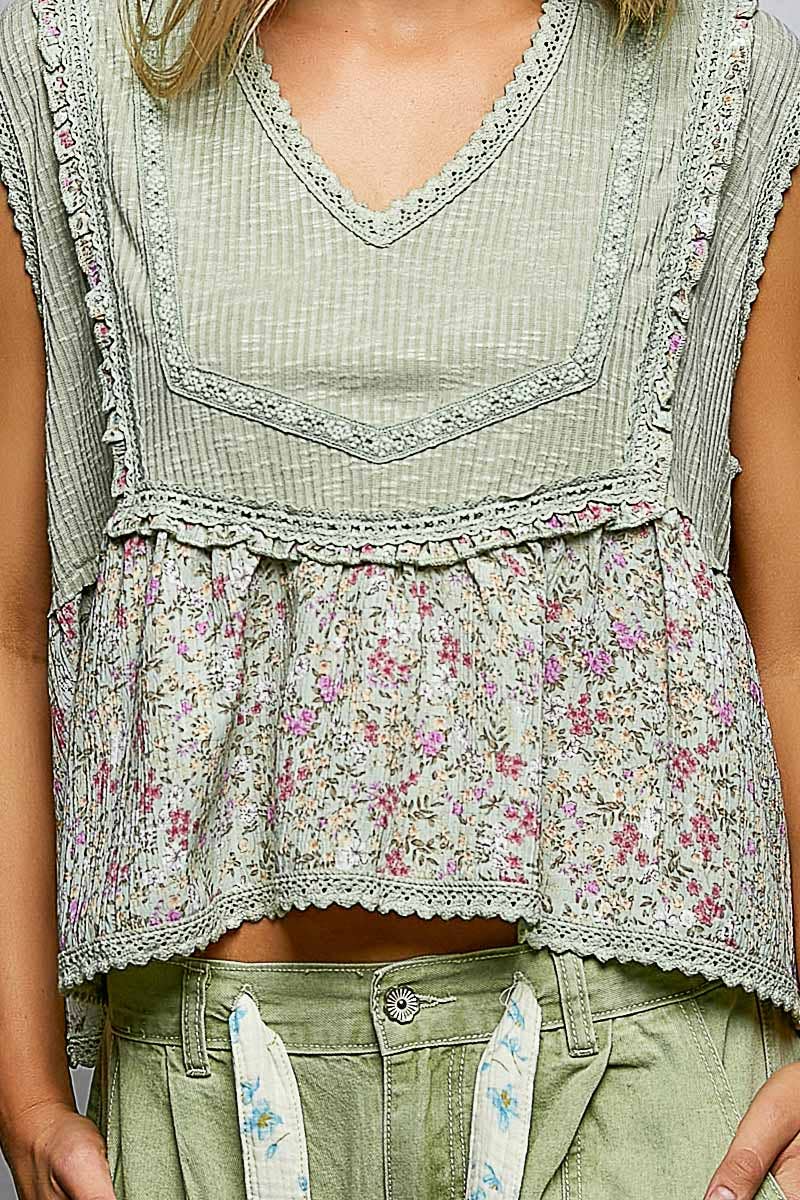V-neck Floral Ruffle Sleeveless Top