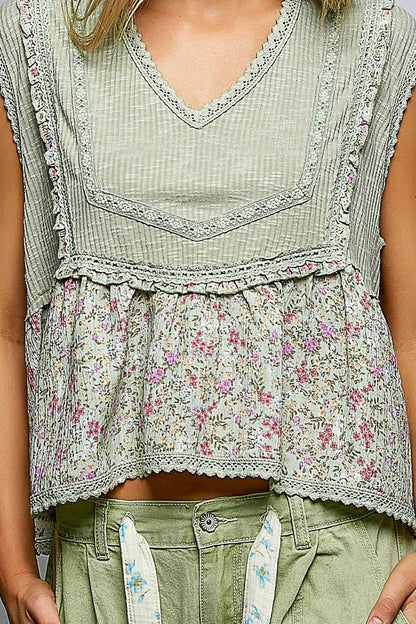 V-neck Floral Ruffle Sleeveless Top