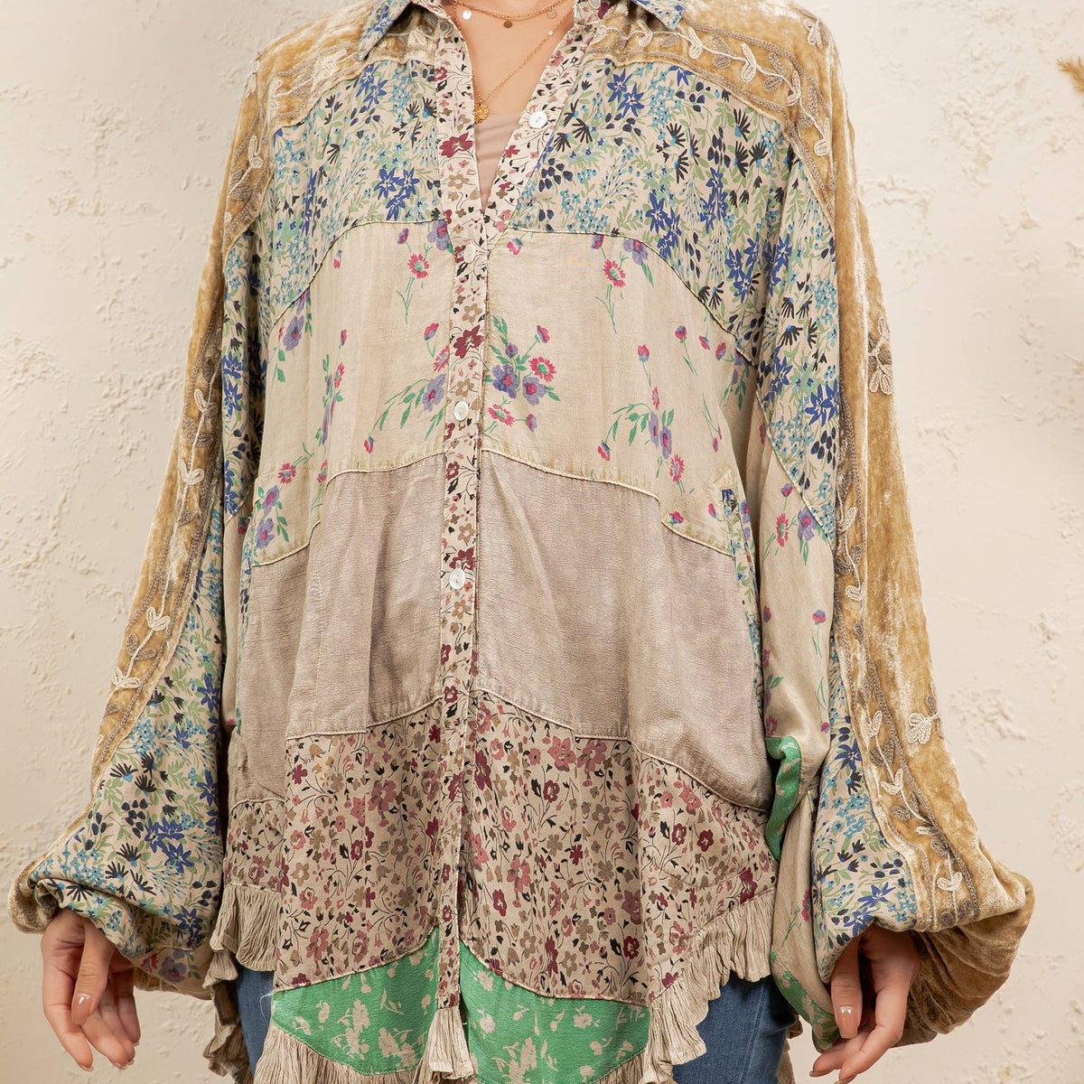 Vintage Mixed Print Patchwork Bat Sleeve Top -Ruffle Hem NEW