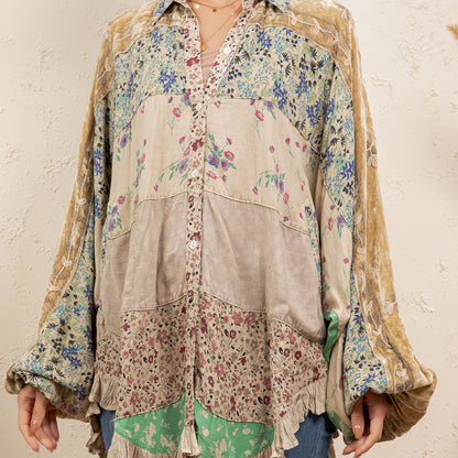 Vintage Mixed Print Patchwork Bat Sleeve Top -Ruffle Hem NEW