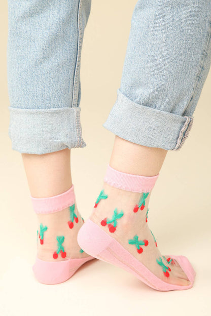 Cherry Embroidered Mesh Ankle Socks