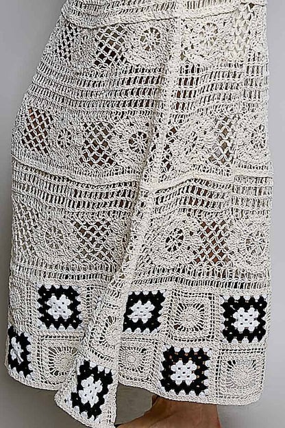 Granny Square Weave Ruffle Waistband Crochet Maxi Skirt