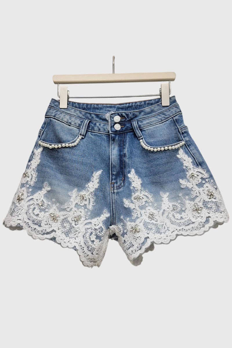 Pearl-Trim Lace Denim Shorts