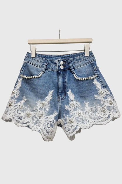 Pearl-Trim Lace Denim Shorts