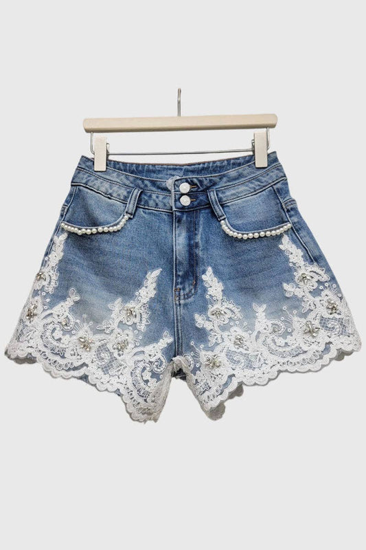 Pearl-Trim Lace Denim Shorts