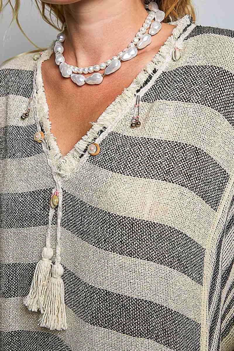 V-neck Fringe Tassel Vintage Washing Short Sleeve Top