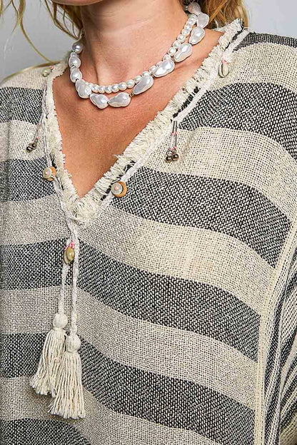 V-neck Fringe Tassel Vintage Washing Short Sleeve Top