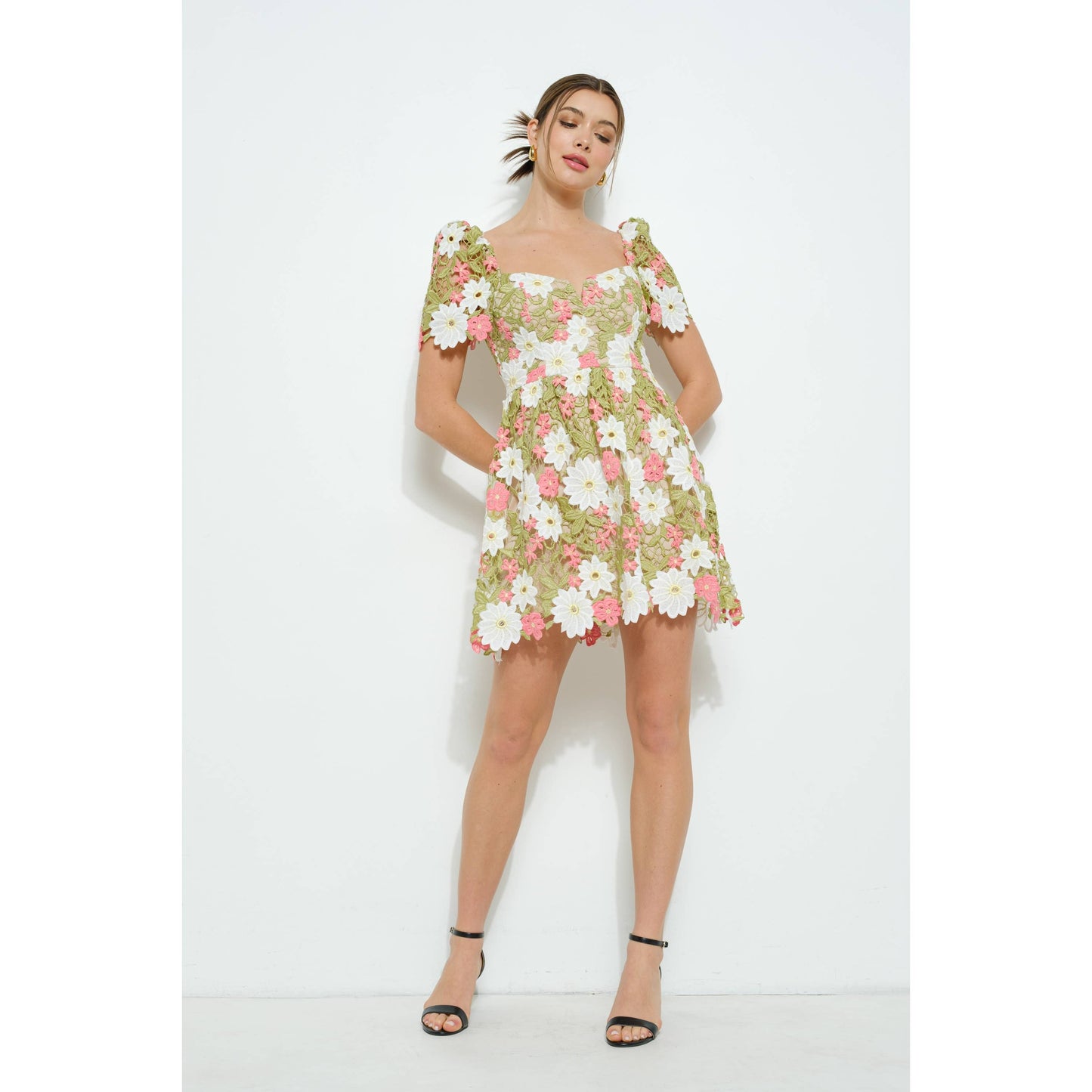 Floral Lace Puff Sleeve Embroidered Mini Dress