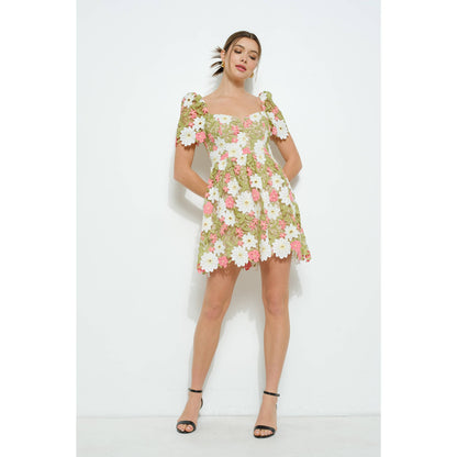 Floral Lace Puff Sleeve Embroidered Mini Dress