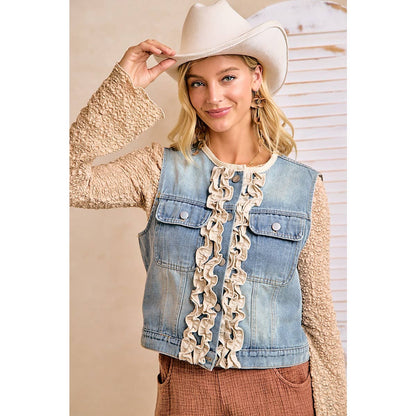 WOMEN WASHED DENIM RUFFLE LAYERING VEST