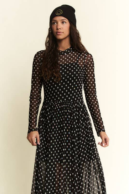 POLKA DOT PRINT MESH MAXI DRESS