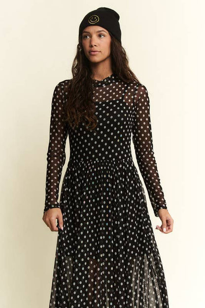 POLKA DOT PRINT MESH MAXI DRESS