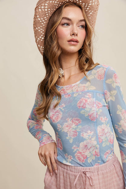 Floral Mesh Long Sleeve Layering Top