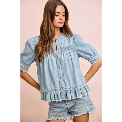 WASHED LIGHT DENIM SMOCKED DETAIL RUFFLED HEM TOP
