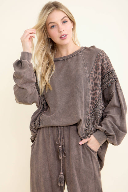 Mineral Washed  Leopard Fringe Terry Top