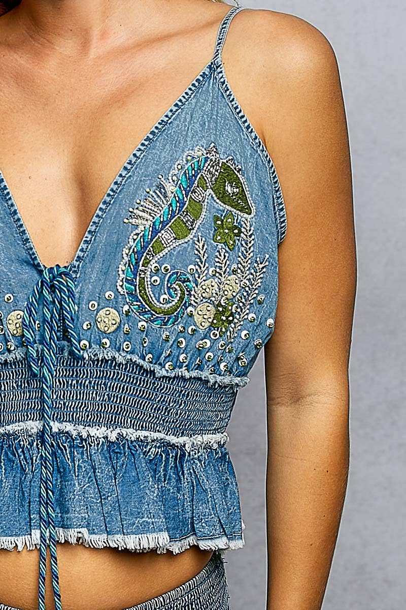V-Neck Embroidered Seahorse Smocked Waist Denim Sleeveless Top