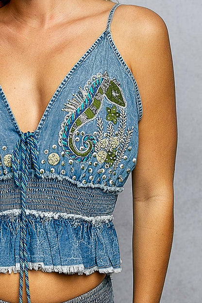 V-Neck Embroidered Seahorse Smocked Waist Denim Sleeveless Top