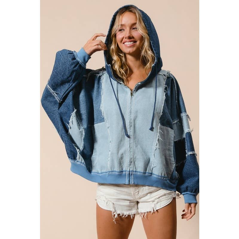 COLOR BLOCK WASHED DENIM ZIP UP HOODIE