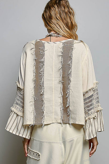 Raw Edge Contrast Panels Textured Woven Boxy Top
