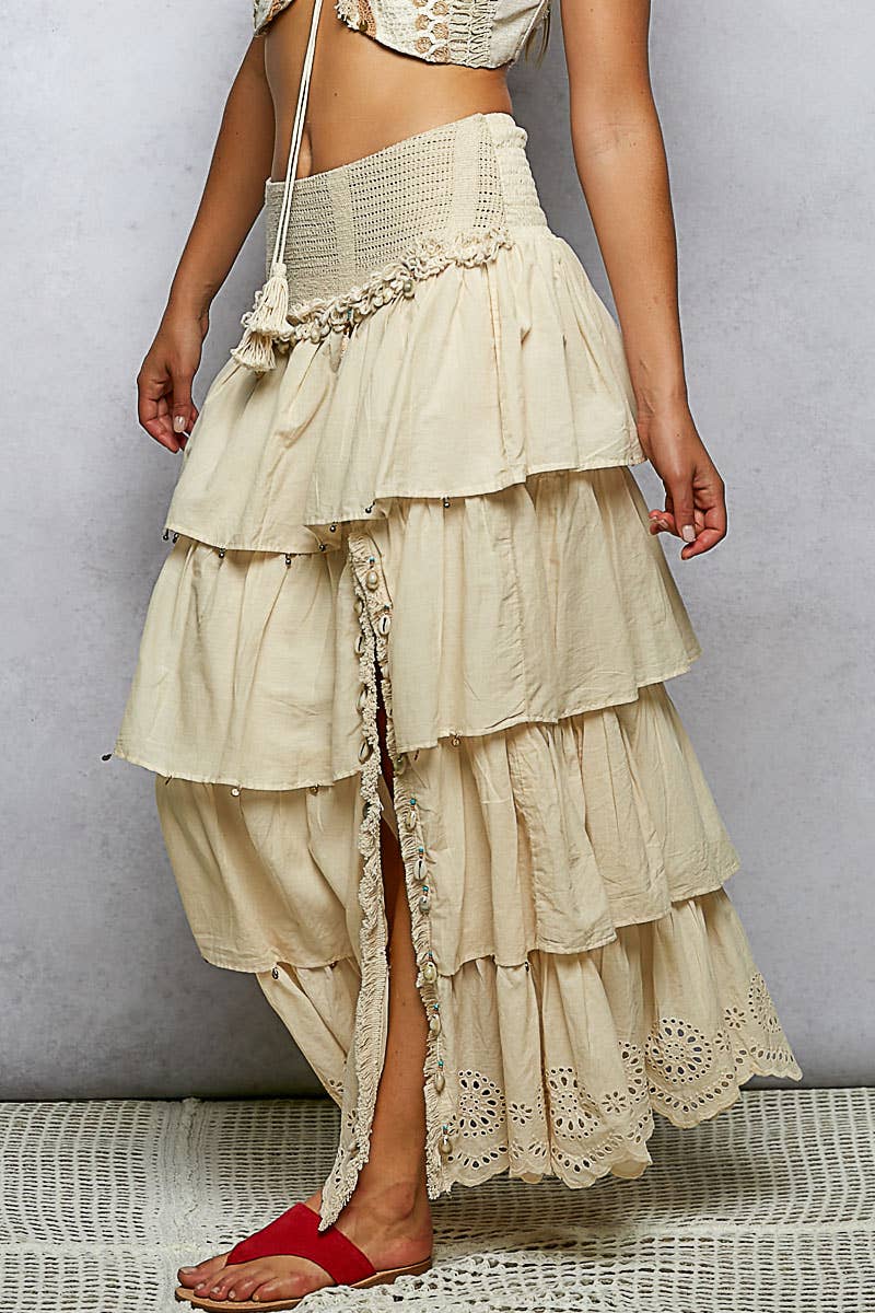 Smocked Waist and Side Slit Tiered Ruffle Maxi Skirt