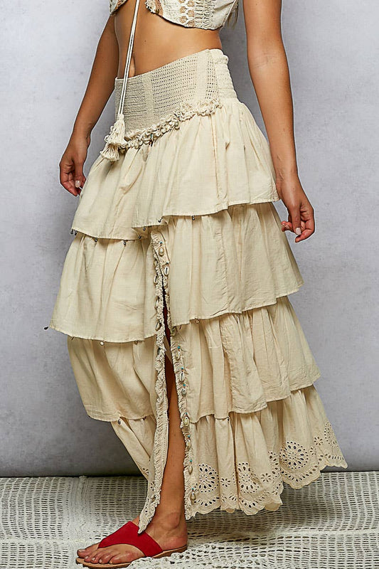 Smocked Waist and Side Slit Tiered Ruffle Maxi Skirt