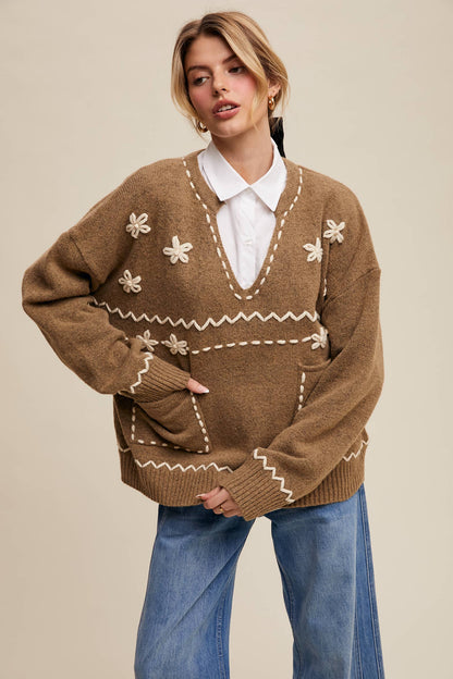 Floral Embroidered Knit Sweater