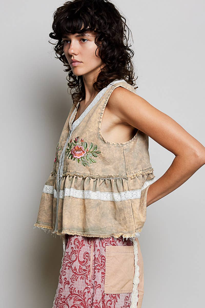 Embroidered Raw Edge Vintage Washing Twill Vest Jacket Top