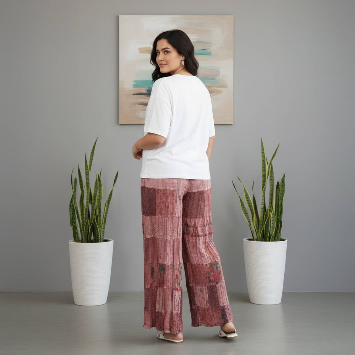 Boho Artisan Tiered Patchwork Wide-Leg Pants