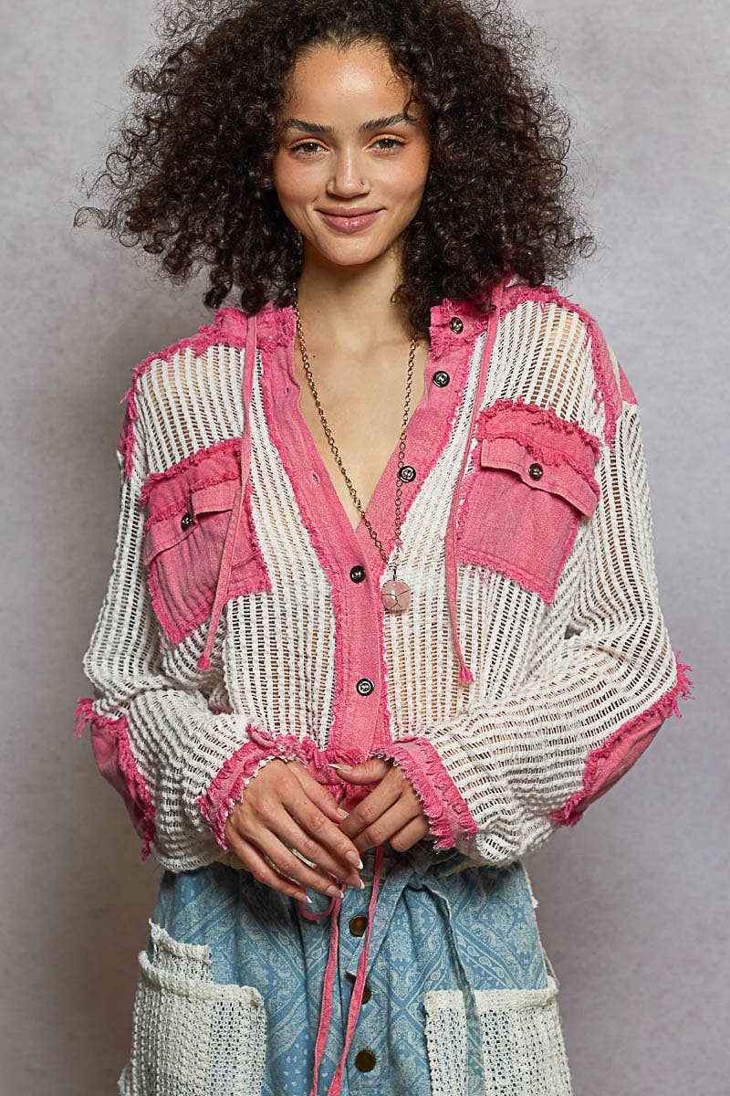 Open Knit Button Down Pocket Front Hooded Shirt Top