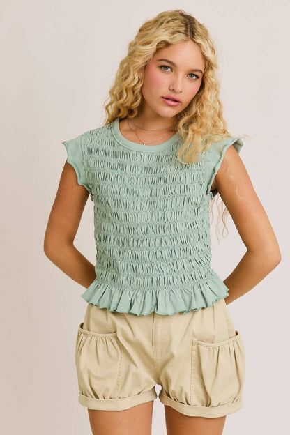 Sage Ruched Crew Neckline Top