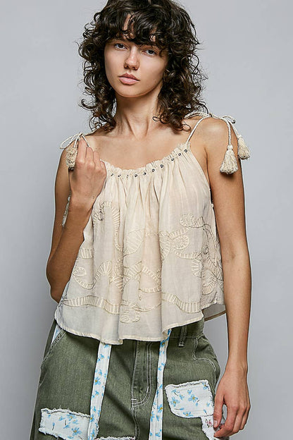 Embroidered Shirred Spangle Tassel Tie Sleeveless Top