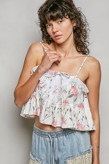 Lace Ruffles Ribbon Tie Cropped Floral Sleeveless Top