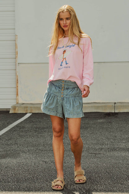 Light Wash Button Fly Gathered Denim Shorts