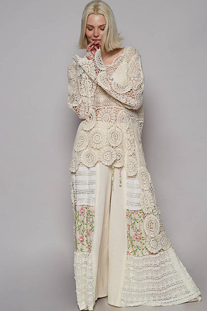 Round neck long sleeve elongated crochet top