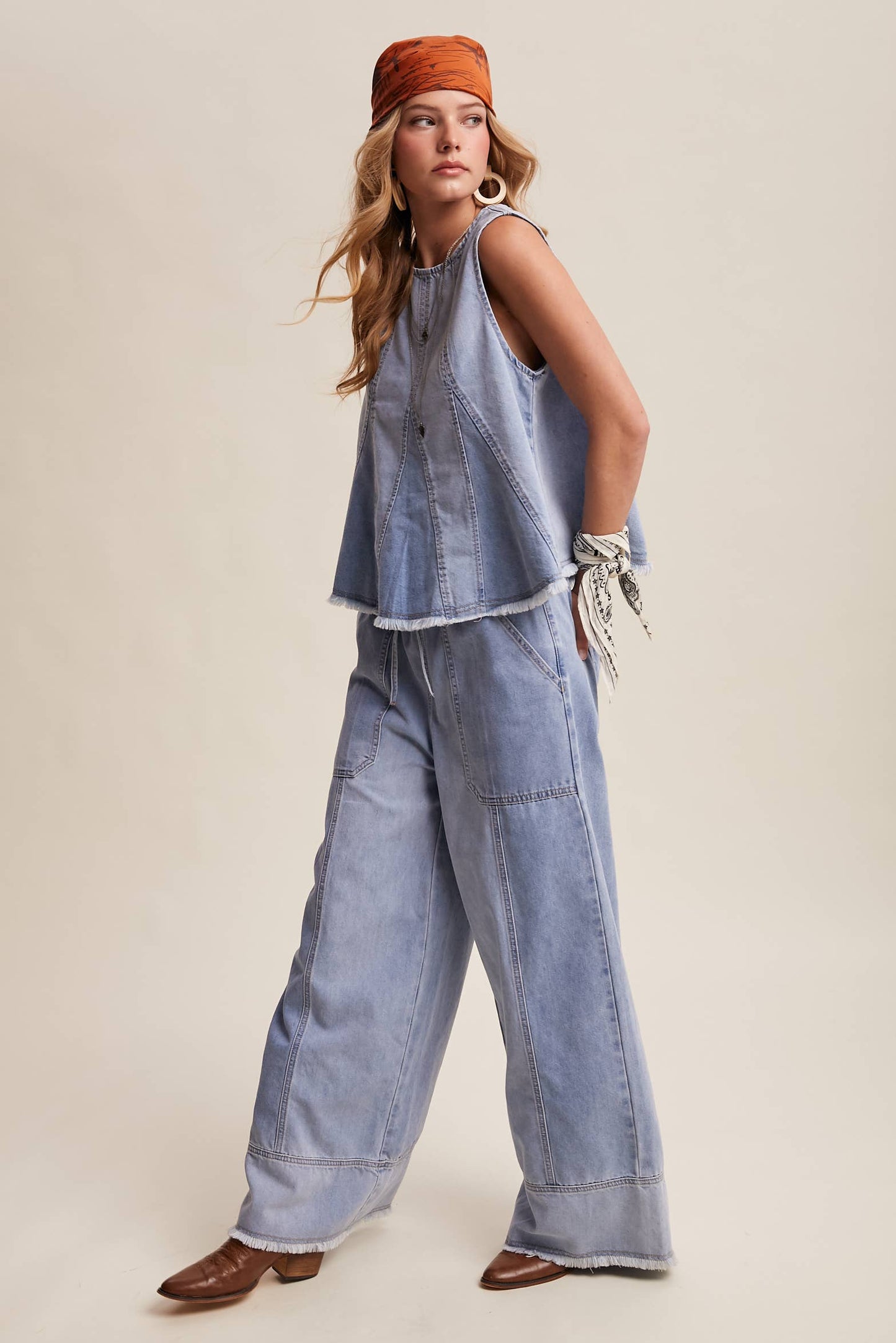 Washed Denim Tank & Wide-Leg Pants Set