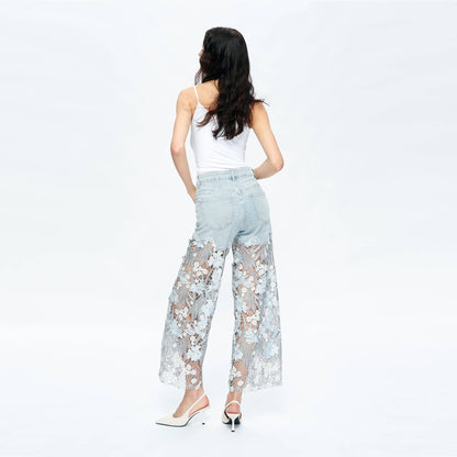 HIGH RISE WIDE LEG JEANS WITH LACE SPLICED