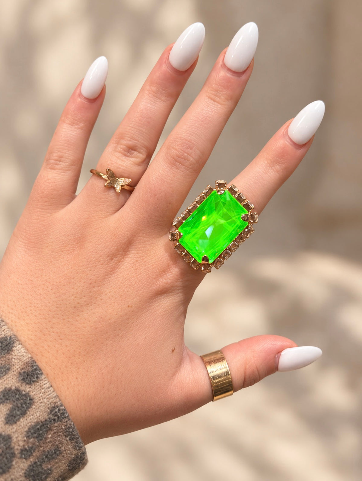 WETSTONE: Femme Fatale electric green Swarovski ring with Swarovski clear trim (gold base)