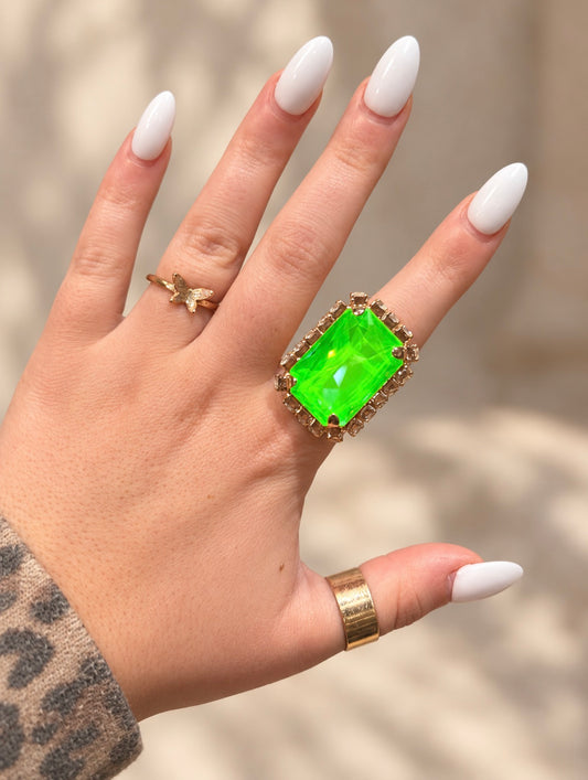 WETSTONE: Femme Fatale electric green Swarovski ring with Swarovski clear trim (gold base)