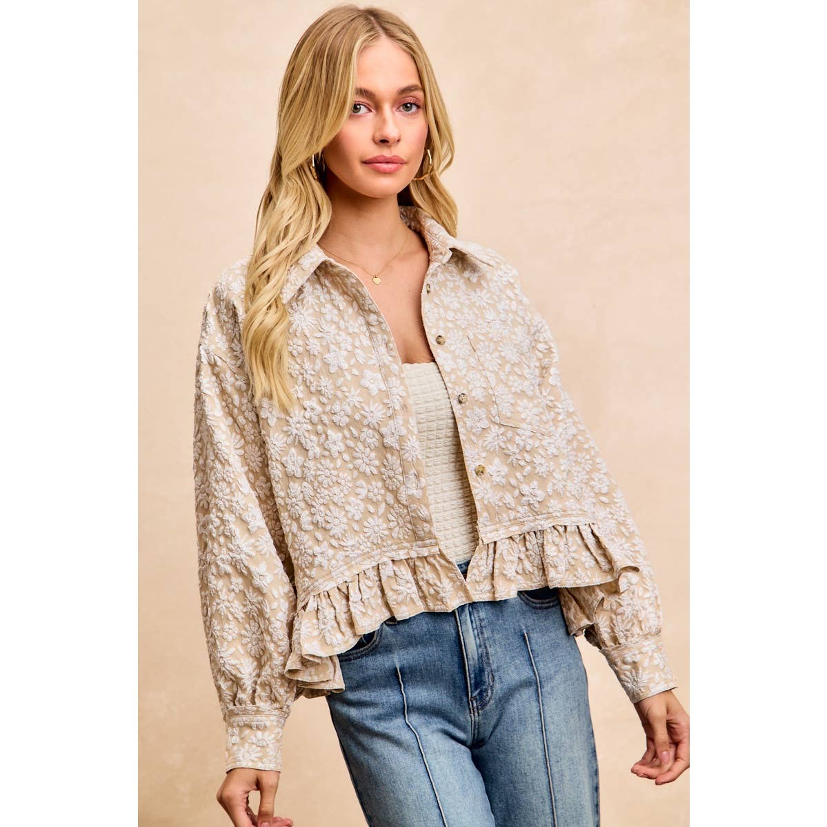 TEXTURED FLORAL PATTERN RUFFLED HEM SHIRT TOP