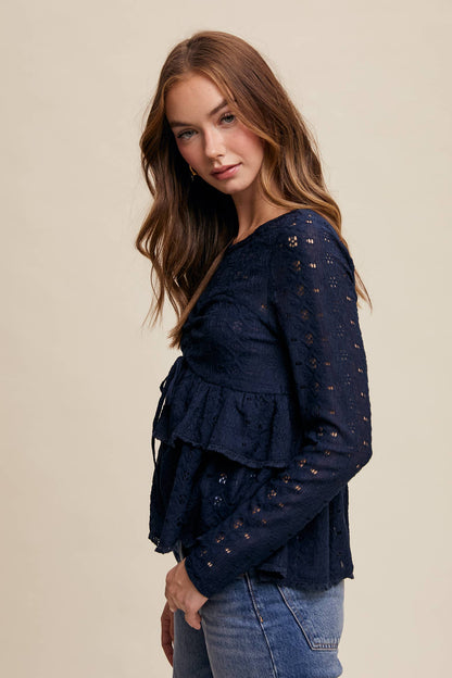 Stretch Lace Tiered Blouse with Drawstring Detail